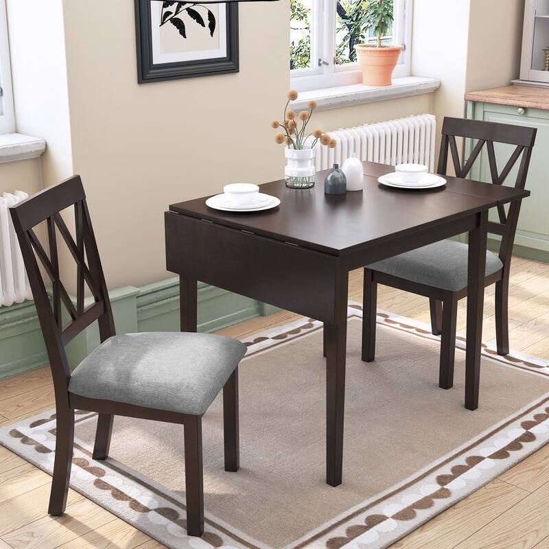 Kitchen Dining Table with Drop Leaf, Espresso Padded Dining Chairs with Cross Backrest, 3-Piece Bar Table and Chairs Set