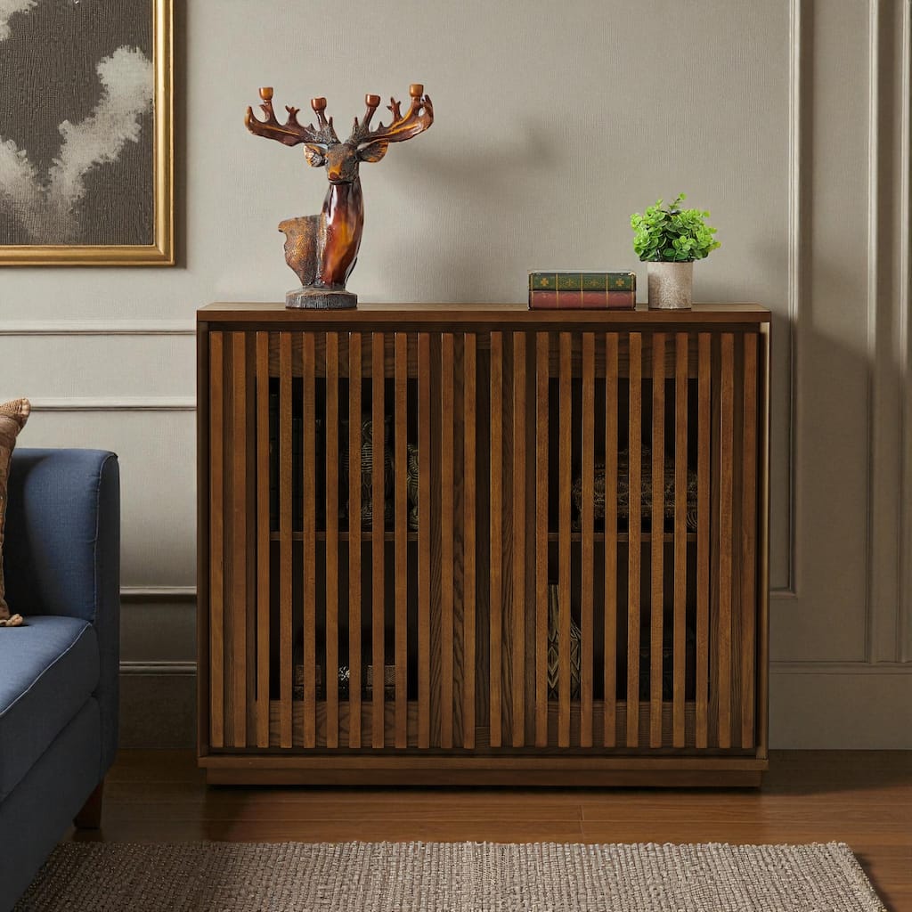 Mid-Century Modern Fluted Sideboard Cabinet with Outlet Holes, Solid Wood Buffet Storage Cabinet for Living Room