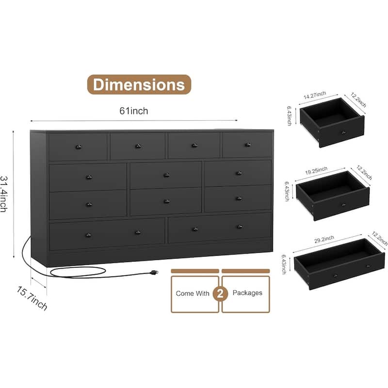 12 Drawer Dresser for Bedroom, 61 Inch Wood Dresser with Power Outlet