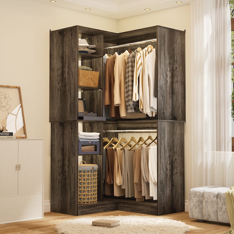 Qvella 36" Corner Closet System with 2 Hanging Rods and Hutches, Freestanding Corner Wardrobe Rack with Adjustable Shelves