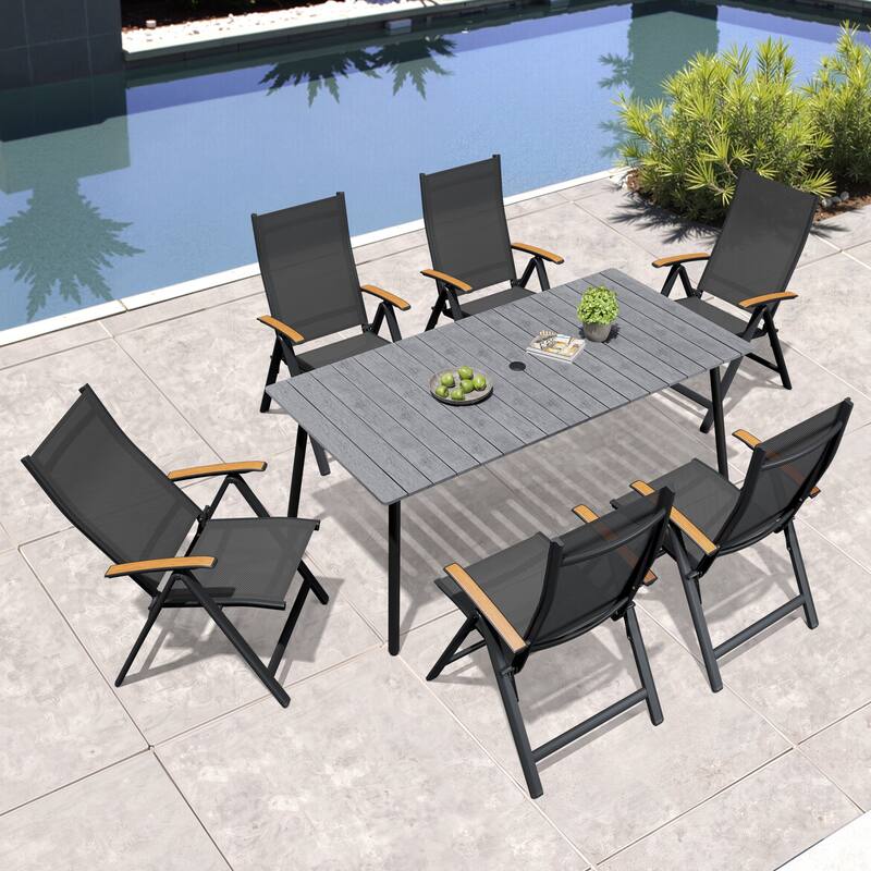 7/9-Piece Outdoor Patio Dining Set Aluminum Rectangular Dining Table and Folding Chairs - Grey Table