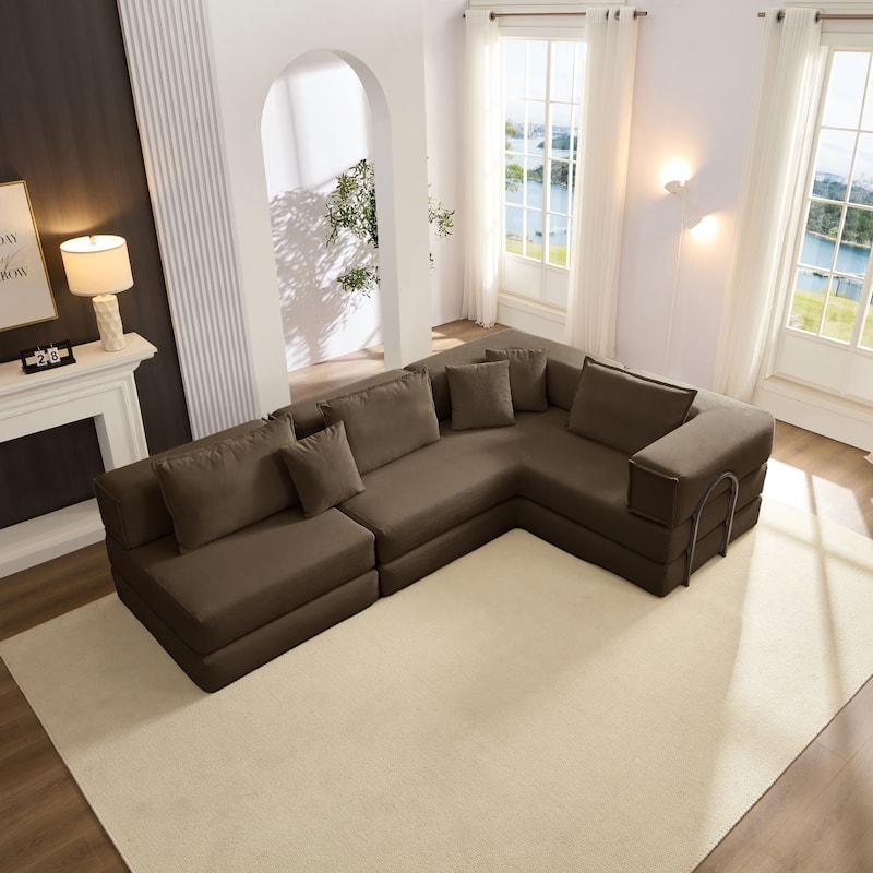 DIY Modular Corduroy L-Shaped Floor Sofa Set with 6 Pillows - Brown