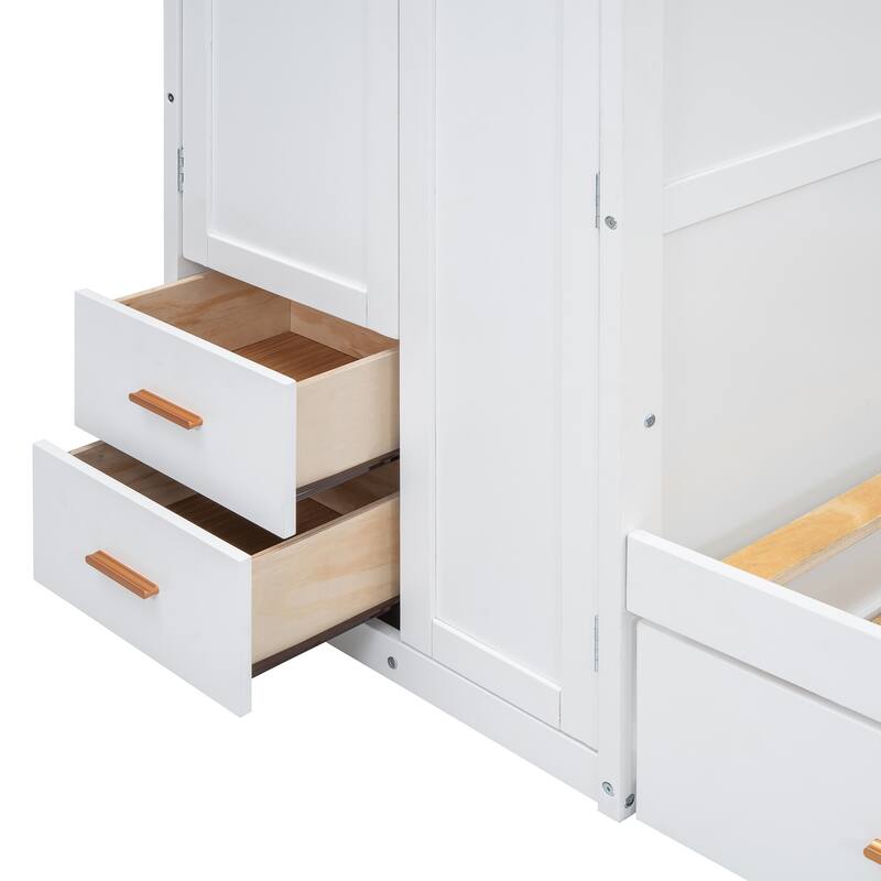 Twin Wooden Bunk Bed with Trundle, and Wardrobe, Desk & 5 Drawers - Gray Plywood, 400lb Capacity