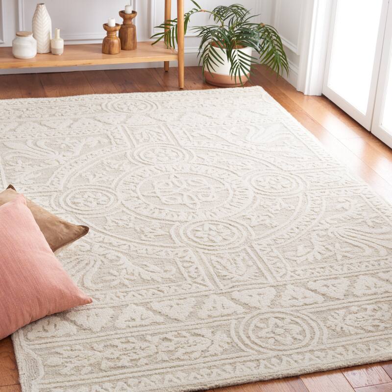 SAFAVIEH Handmade Blossom Alfina Modern Floral Wool Rug - 4' x 6' - Light Grey/Ivory