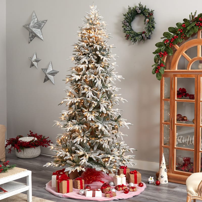 8.5' Pre-Lit Flocked Manchester Spruce Artificial Christmas Tree, White Lights - 8.5 Foot