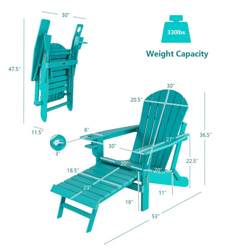 Costway Patio Folding Adirondack Chair HDPE All-Weather Pull-Out - 30''x 53''x 36.5''