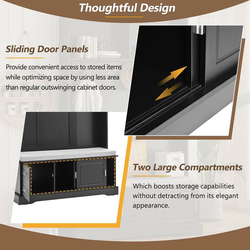 Hall Tree with Sliding Door Bench Cushion Silver Handle Storage Cabinet