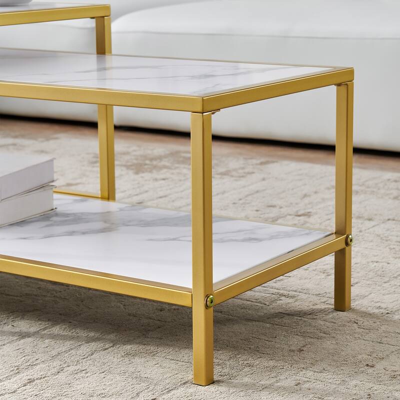 Wood marble color top Modern Nesting coffee table Square & rectangle With Black metal frame