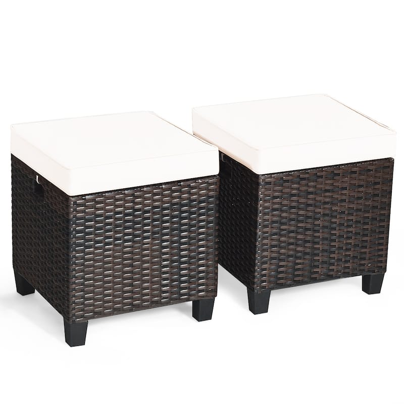 Outdoor Cushioned Rattan Wicker Ottomans (Set of 2) - creamy white
