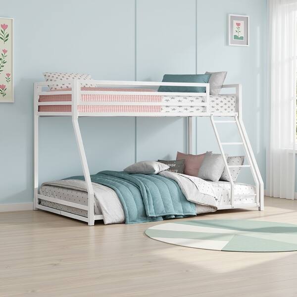 slide 2 of 5, Ovi 78 Inch Twin over Full Bunk Bed, Ladder, Ground Level Bed, White Metal