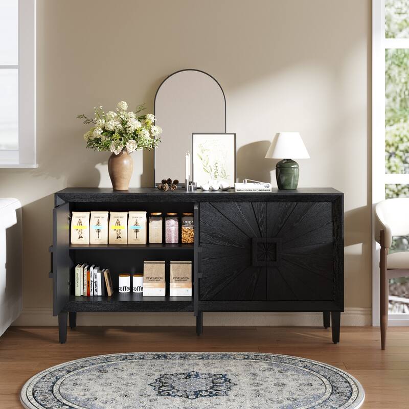 60" Premium Rustic American Farmhouse Credenza in Elegant Black - Symmetrical Sunburst Door Design, Heavy-Duty TV Stand