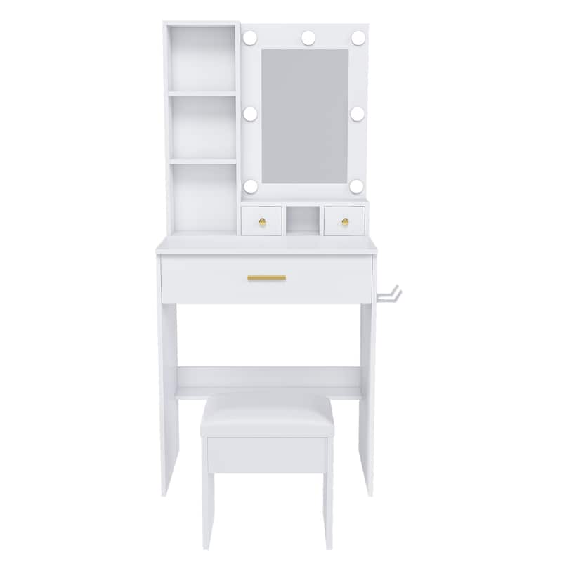 Vanity Desk with Mirror & LED Lights, Makeup Table with Power Outlet, Hairdryer Holder & Stool, Compact Dressing Table Set