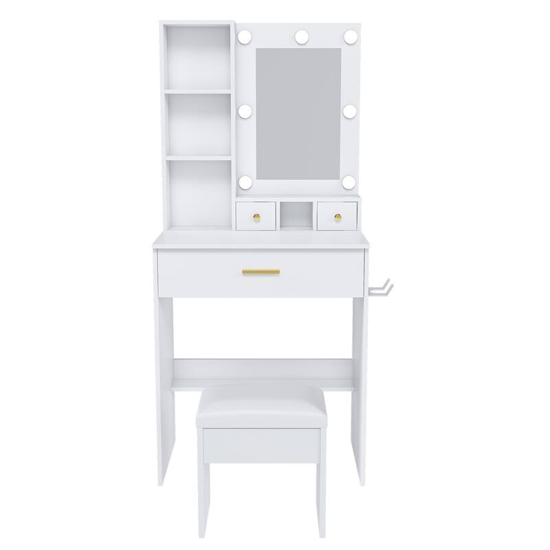 Vanity Table with Mirror & Adjustable LED Lights, Power Outlet, Hairdryer Holder & Stool - Compact Dressing Desk