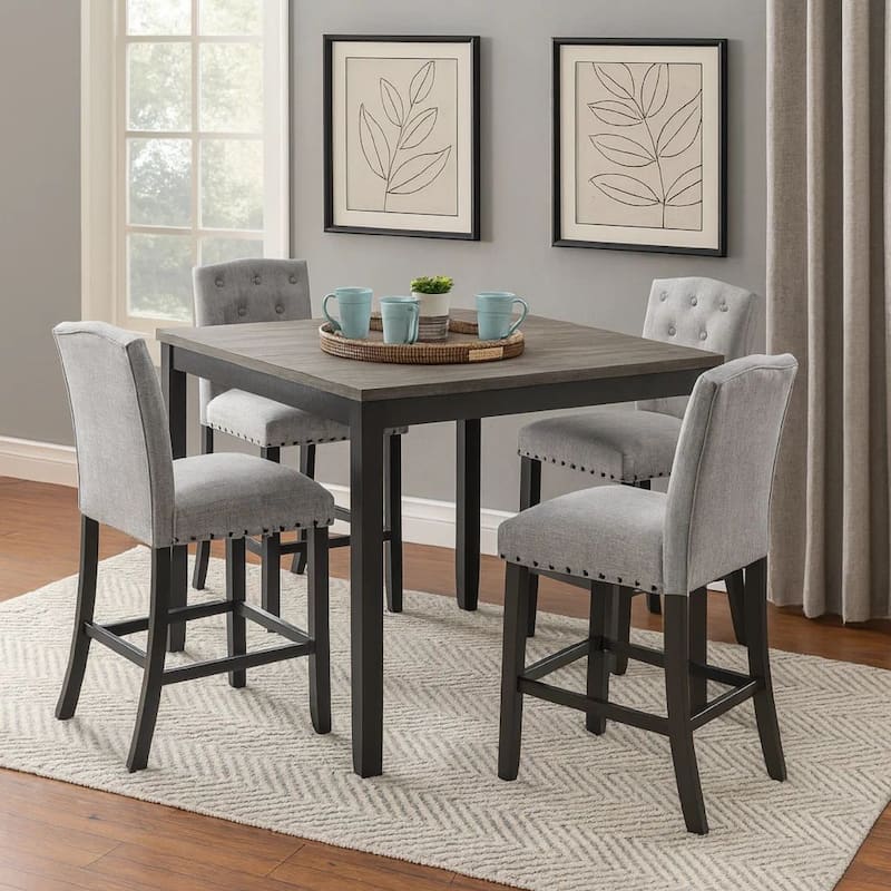 Phy 5pc Counter Table and Chairs Set, Nailheads, Tufted Gray Fabric, Black