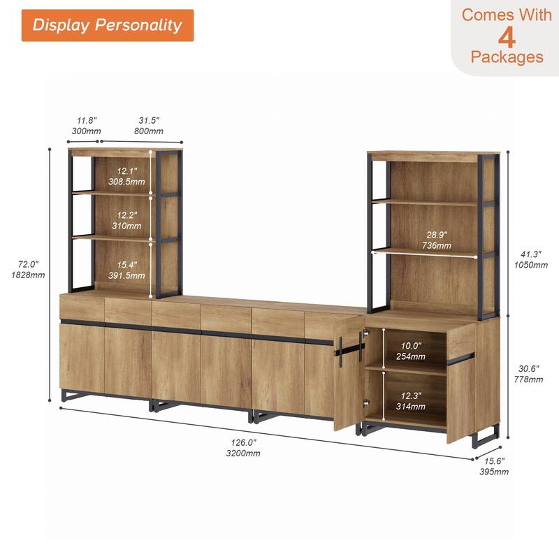 WAMPAT Modern TV Stand with 3 Tiers Bookshelf, Farmhouse Entertainment Center with 4 Large Storage Cabinets and Adjustable Shelf