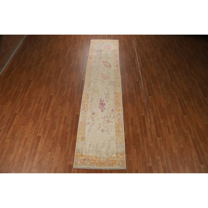 Hand Knotted Oriental 100% Wool Carpet Traditional Animal Pictorial Beige & Ivories Art Deco Runner Rug - 13' 0'' X 2' 10''