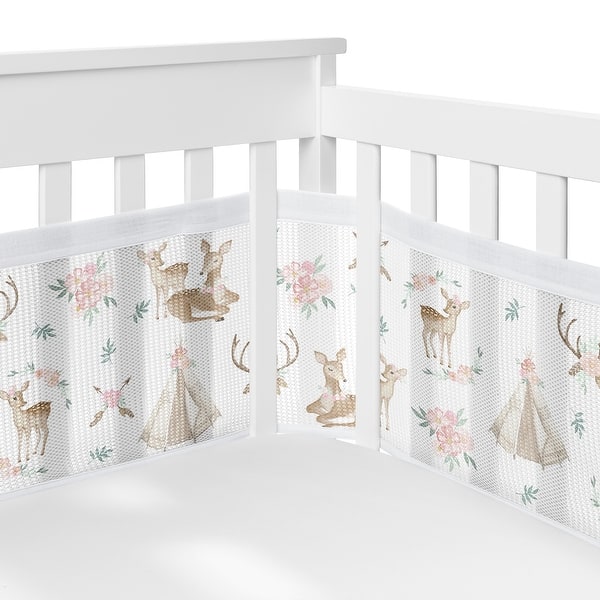 slide 2 of 6, Woodland Deer Floral Girl Sweet Jojo Designs +BreathableBaby Breathable Mesh Crib Liner Pink Green Boho Bohemian