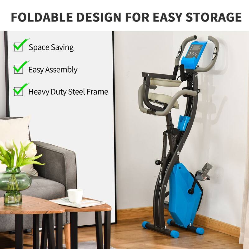Soozier 2 in 1 Upright Exercise Bike Stationary Foldable Magnetic Recumbent Cycling with Arm Resistance Bands
