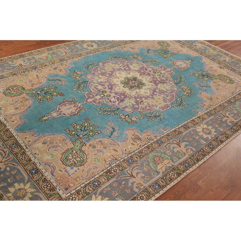 Turquoise Blue Medallion Tabriz Persian Area Rug Handmade Wool Carpet - 6'4"x 9'10"