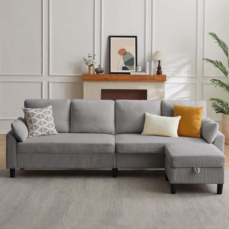 101'' Corduroy Upholstered Sectional Sofa With Storage Ottoman - Light Grey - L Shaped
