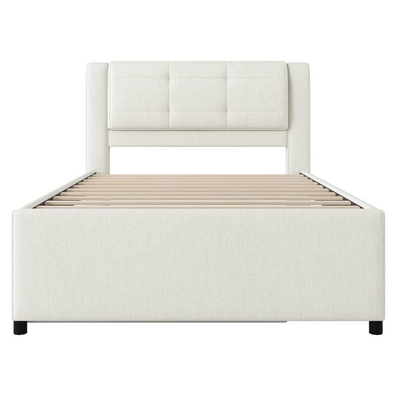 Full Size Upholstered Platform Bed with Adjustable Trundle, Beige