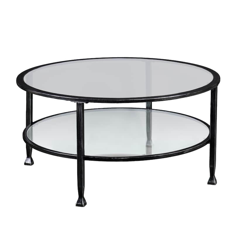 SEI Furniture Glenn Distressed Black Metal Round CoffeeTable with Glass Top and Shelf