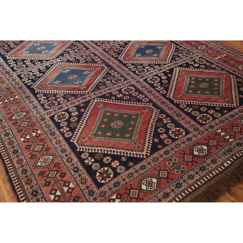 Hand Knotted Oriental 100% Wool Carpet Traditional Geometric Navy Blue & Blues Yalameh Area Rug - 10' 11'' X 7' 6''