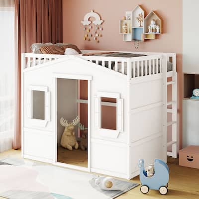 Castle Style Solid Pine Loft Bed with Ladder, Guard Rails
