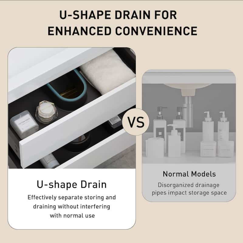 24" Bathroom Storage Vanity Cabinet with U-Shaped Sink, Soft-Close Drawers and Durable Stone Resin Countertop