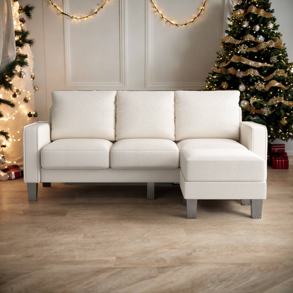 L-shape Sectional Storage Sofa 3 Seats Couch Living Room Furniture Sofa with Convertible Ottoman & Wood Legs