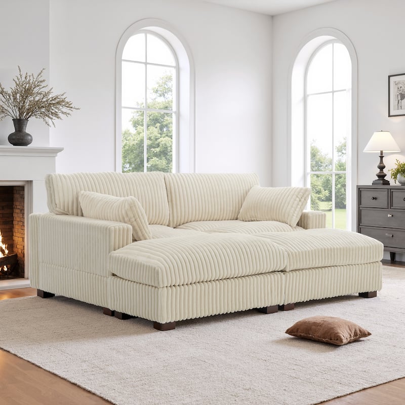 Oversied Plush Corduroy Fabric Modular Sectional Sofa with Chaise, Ottoman - Right Facing - White-3 Pieces
