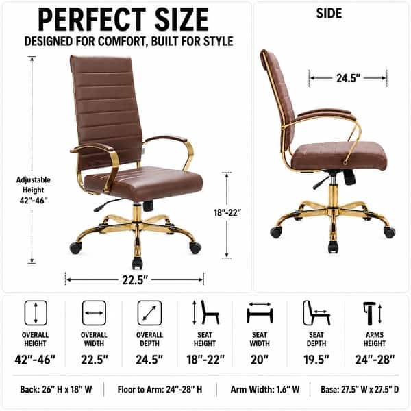 dimension image slide 1 of 8, Benmar Ribbed Leather Executive High Back Office Chair with Gold Frame, Swivel, Tilt, Lumbar Support