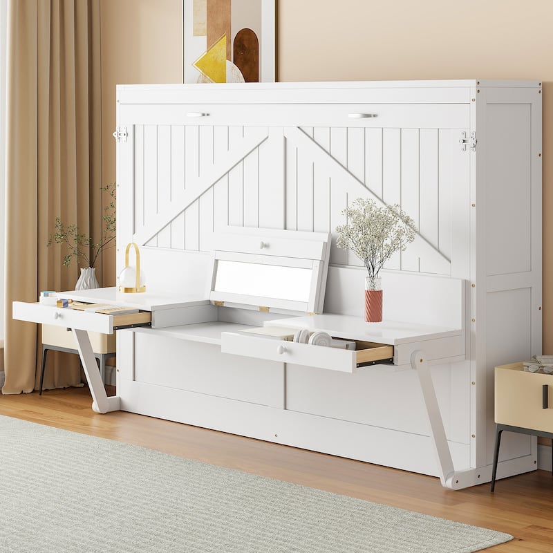 Foldable Wall Cabinet Bed Queen Size Hydraulic Lift Murphy Bed with Integrated Vanity Desk, Center Mirror and Side Drawers
