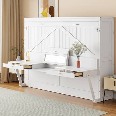 Queen Murphy Bed with Storage & Vanity Desk, Wall Mounted Folding Cabinet Bed with Mirror and Drawers for Small Space