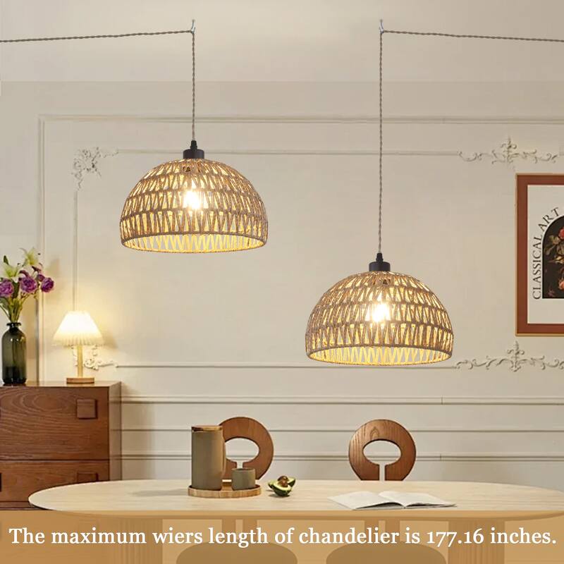 Plug in Handwoven Hemp Rope Lampshade Pendant Light with On/Off Switch