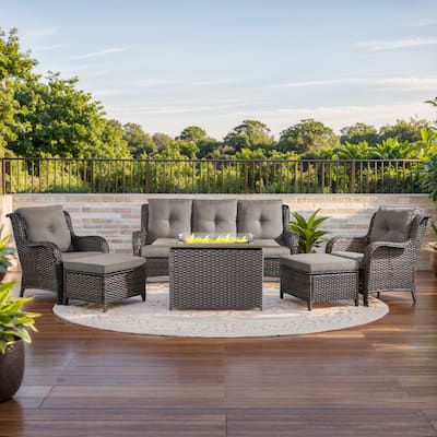 Fire Pit Table with Patio Sofa Chairs Ottomans Brown-Grey - Brown