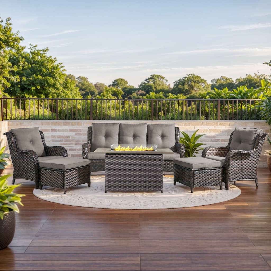 Fire Pit Table with Patio Sofa Chairs Ottomans Brown-Grey - Brown