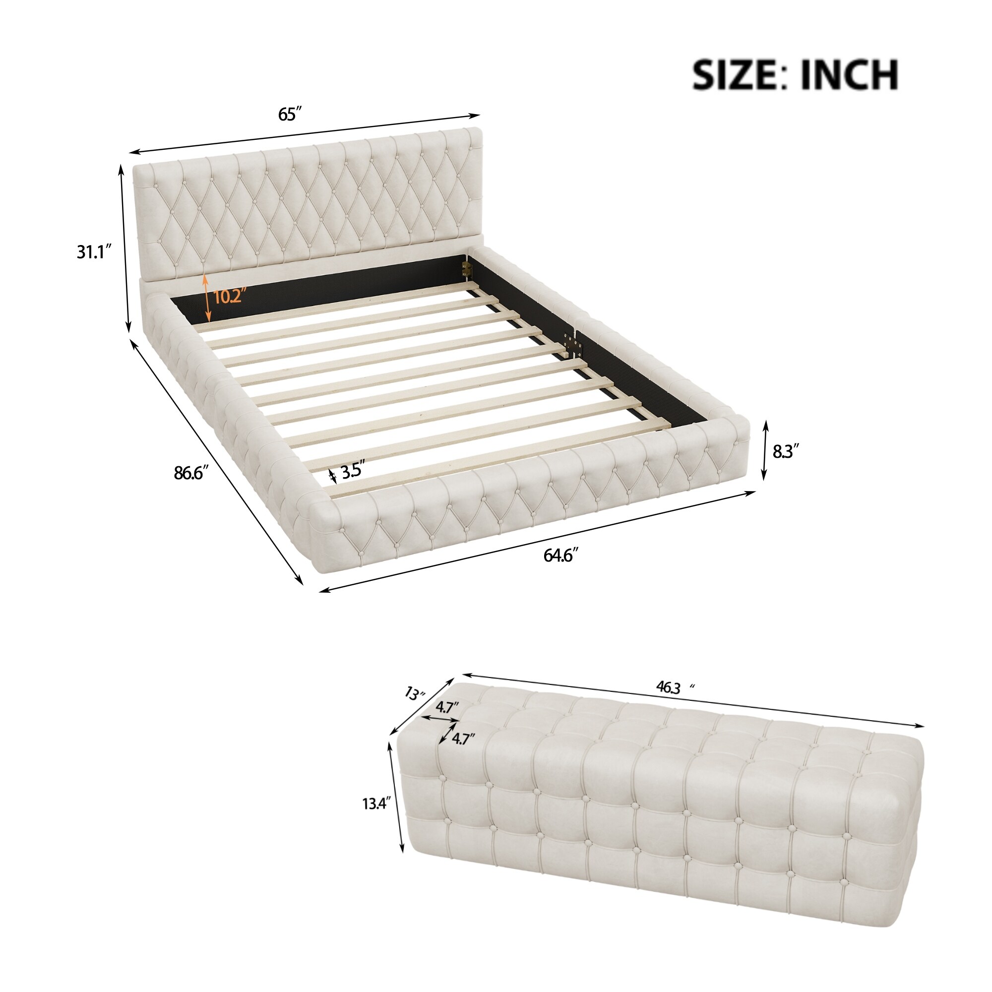 Queen Size Upholstered Bed with Tufted Headboard and Ottoman Set No Box Spring Required