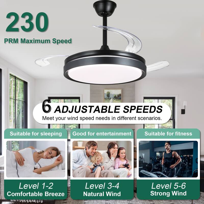 Cusp Barn 42 Inch Retractable Ceiling Fan with Lights, Modern Silent DC Motor 6 Speeds Chandelier Ceiling Fan for Bedroom