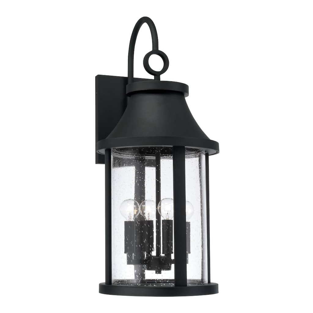 11.50"W x 28"H 4-Light Outdoor Cylindrical Wall Lantern in Black with Seeded Glass