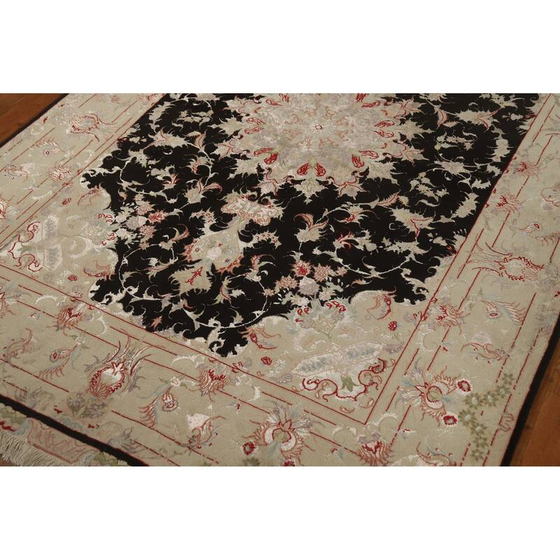 Hand Knotted Oriental Wool & Silk Carpet Traditional Floral Black Tabriz Area Rug - 7' 1'' X 4' 10''