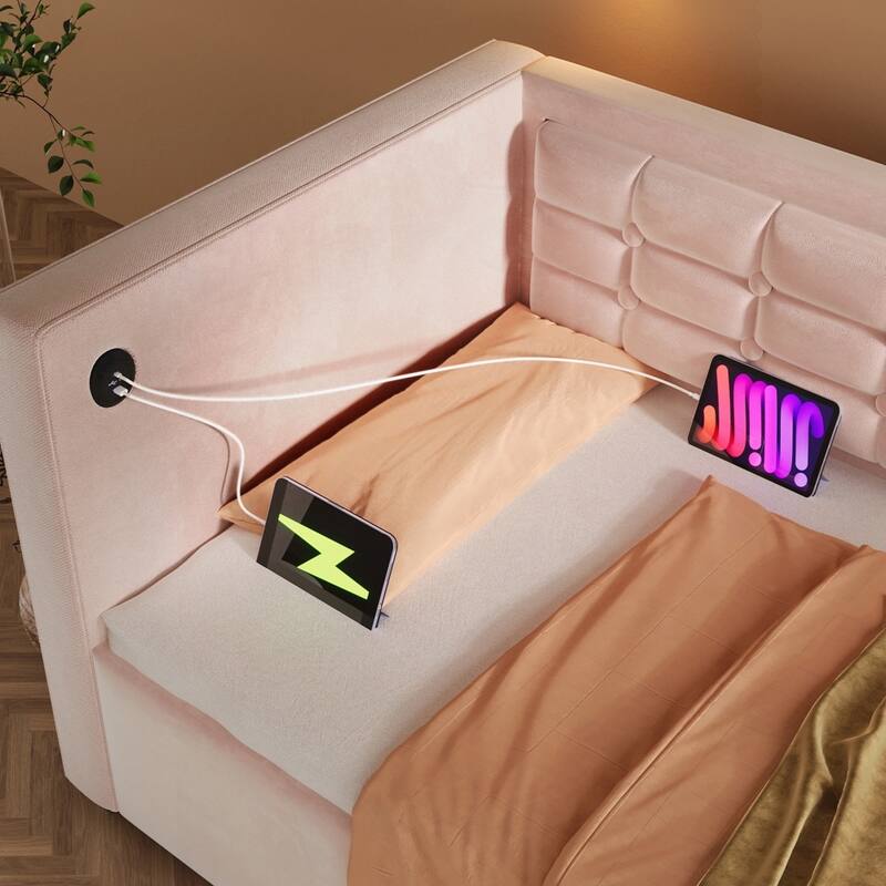 Hydraulic Storage Twin Bed Frame with Wooden Slats and Tufted Sofa Back