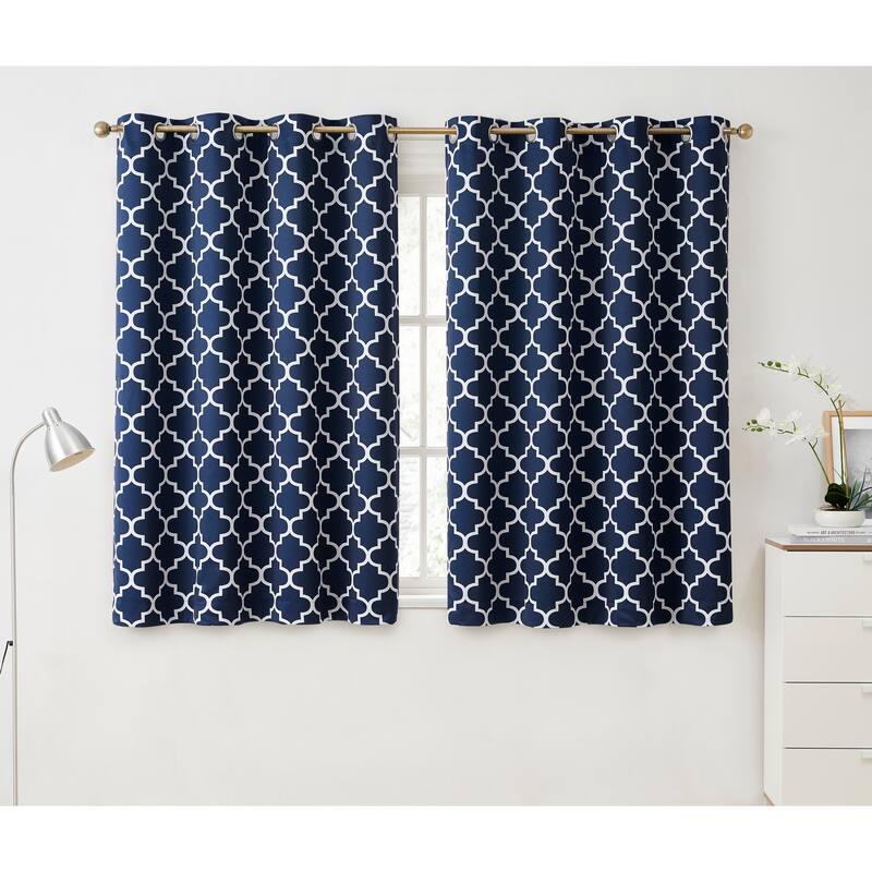 HLC.me Lattice Geometric Blackout Thermal Privacy Room Darkening Grommet Window Drapes Curtain Panels - Set of 2 - 52 W x 45 L per panel - Pair - Navy Blue