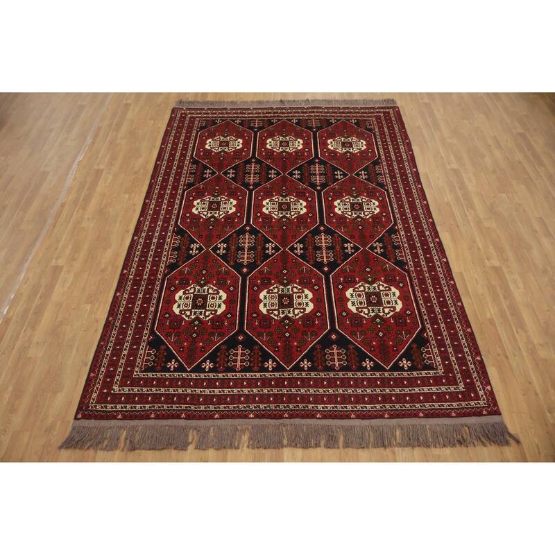 Hand Knotted Oriental 100% Wool Carpet Traditional Geometric Red Balouch Area Rug - 9' 7'' X 6' 6''