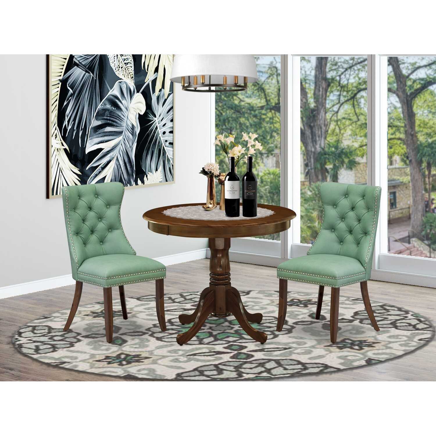 HomeStock 3-Piece Antique Walnut Finish Solid Wood Top - Round Upholstered Dining Room Set - Seats-4