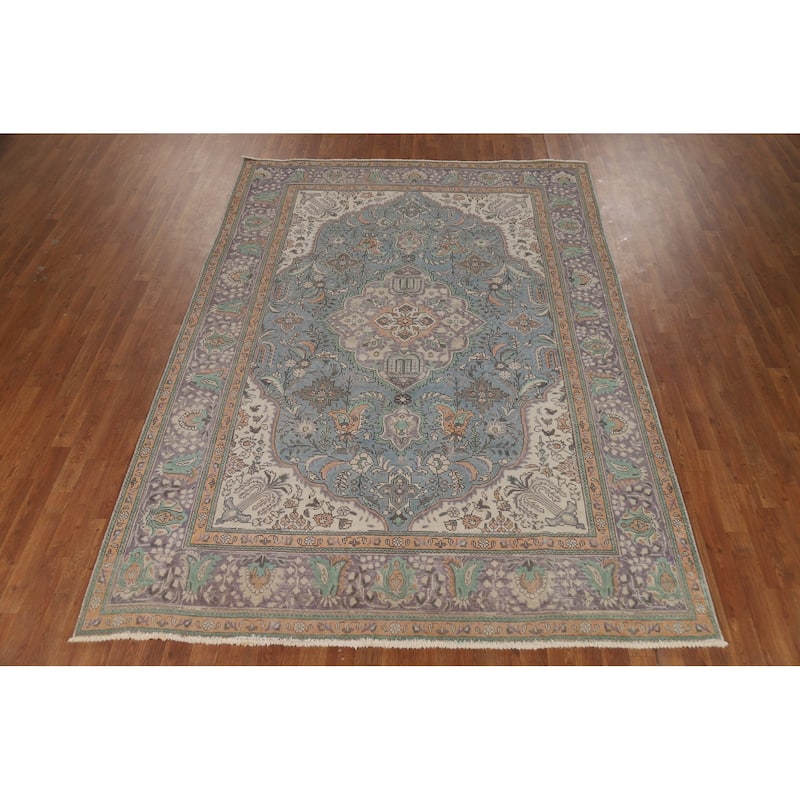 Blue Tabriz Persian Area Rug Hand-Knotted Bedroom Wool Carpet - 6'9"x 9'5"