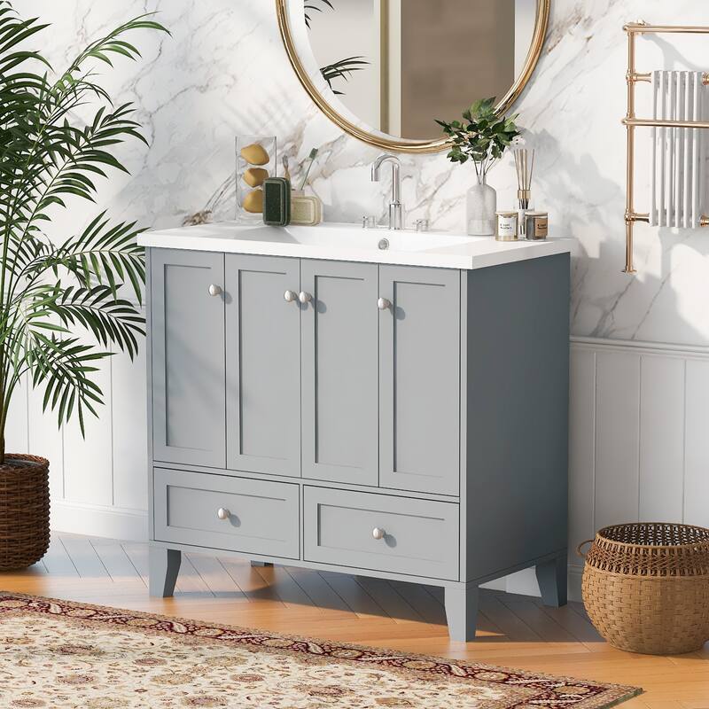 36'' Bathroom Vanity with Resin Sink Combo,Solid Wood Frame Bathroom Storage Cabinet with 4 Soft Closing Doors& 2 Drawers - Grey