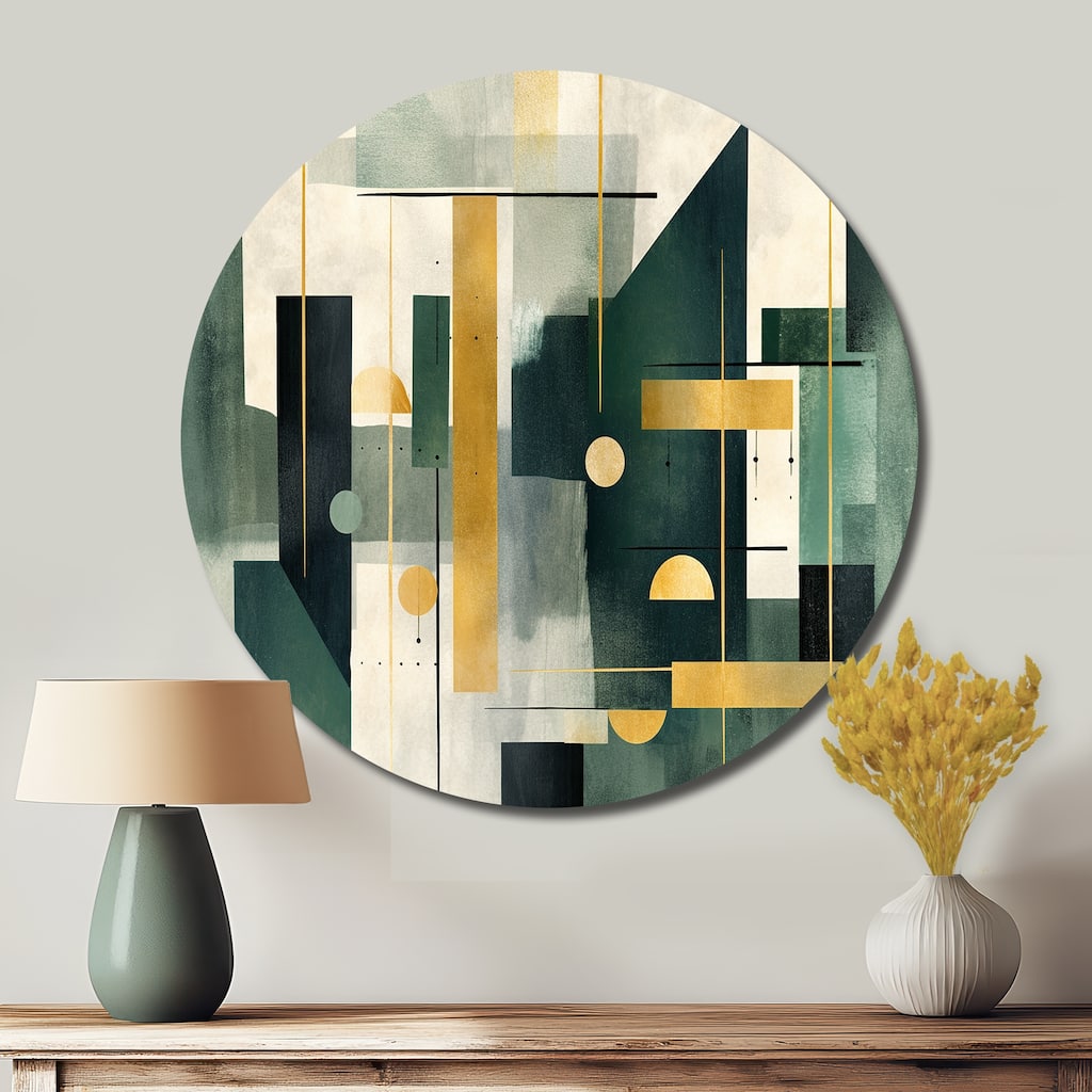 Designart - Gold Green Parallel Universes - Abstract Metal Circle Art Print