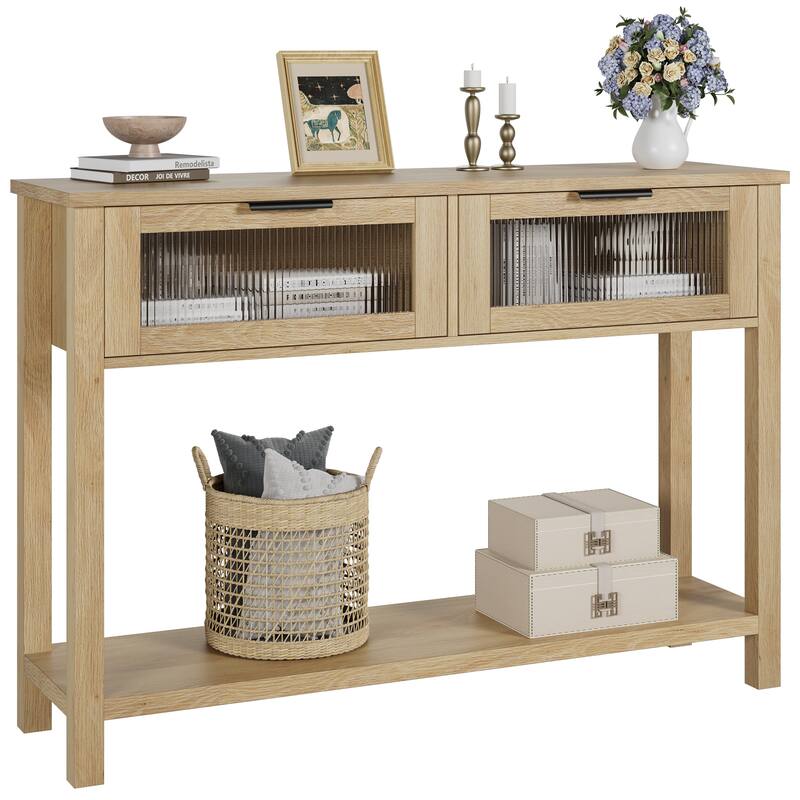 Entryway Table, Wood Console Table with 2 Glass Drawers