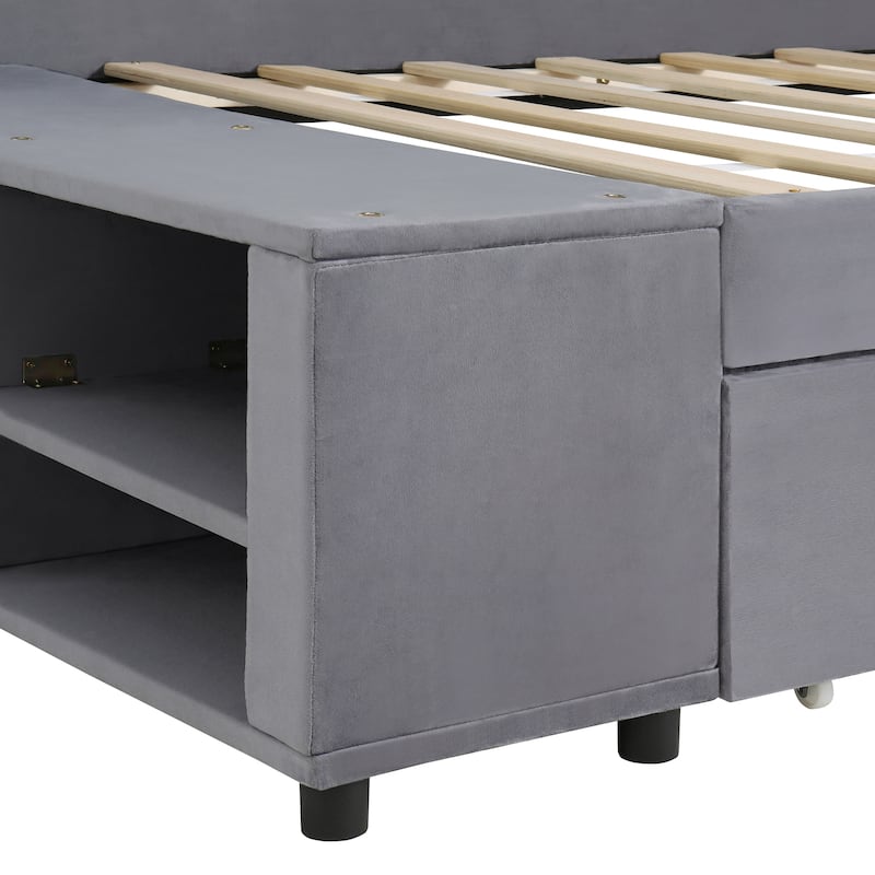 Twin L-Shaped Velvet Upholstered Platform Bed with Storage Cabinet and Drawers, Space-Saving Design